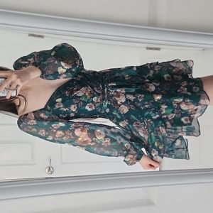 Athome - Surplice-Neck Fit & Flare Foiled Ruffle Dress, Hunter Floral, Size XS